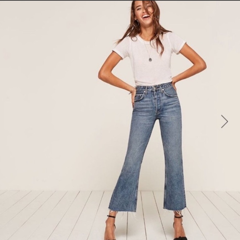 Reformation Medium Blue High-Rise Cropped Flare Jeans